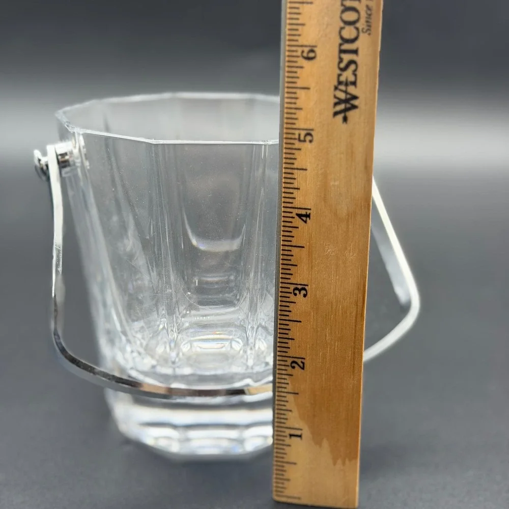Vintage Crystal Glass Ice Bucket with Silver Swing Handle Panel Cut Barware